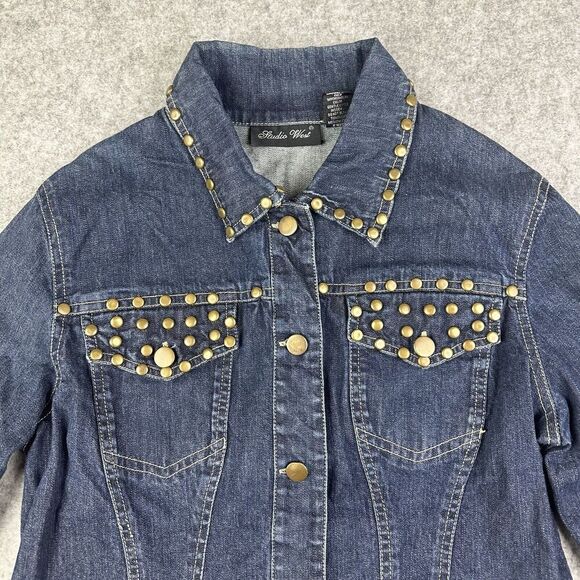 Studio West Denim Jean Jacket Womens M Blue Dark Wash Studded Western Trucker* - Picture 3 of 15